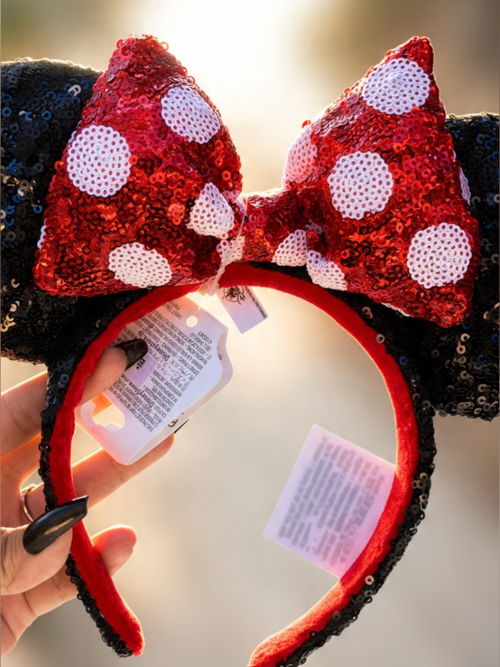 Disney parks Black Sequin Minnie Ears with Red Polka Dot Bow